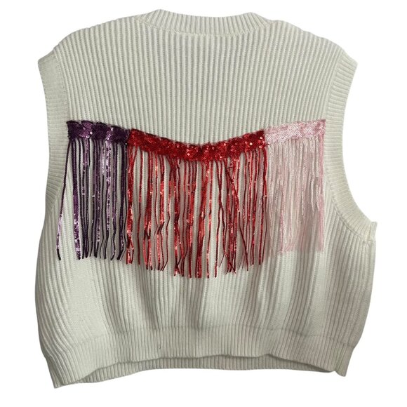 QUEEN OF SPARKLES YEE HAW QUEEN SMALL WHITE SWEATER VEST RED FRINGE PURPLE PINK - Picture 3 of 8